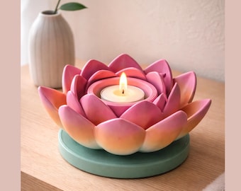 Portavelas con forma de flor de loto impreso en 3D con vela LED sin llama
