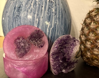 Cuenco de resina de cristal de amatista con tapa / Caja de baratijas rosa hecha a mano