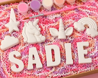 Kit de pintura de unicornio personalizado con nombre, actividad de manualidades con resina de cemento, regalo artístico para niños
