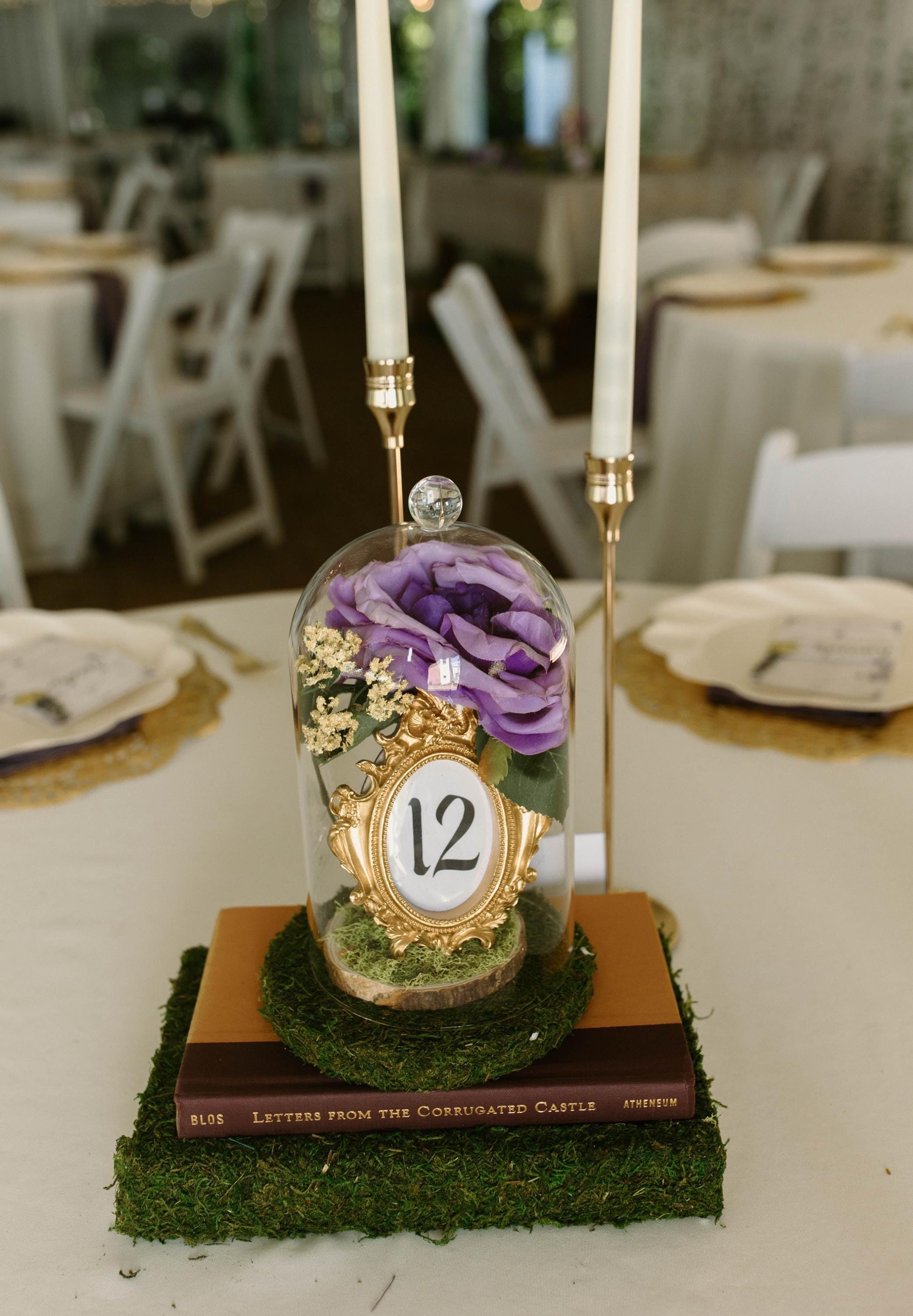 Fairytale Wedding Centerpieces | Glass Cloche Table Numbers with Flowers & Moss Books | Enchanted Forest Reception Decor