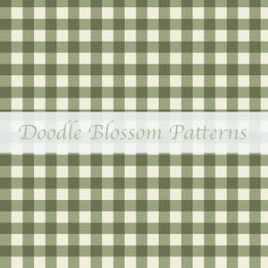 May include: A seamless pattern featuring a gingham design in shades of green and cream. The words "Doodle Blossom Patterns" are displayed in a banner across the center of the image. This pattern is suitable for various craft projects.