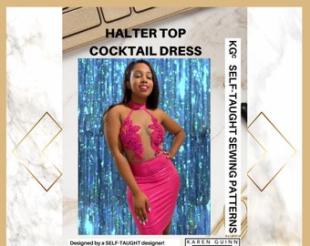 Modello di cucito per abito da cocktail con top a collo alto in formato PDF - Download immediato