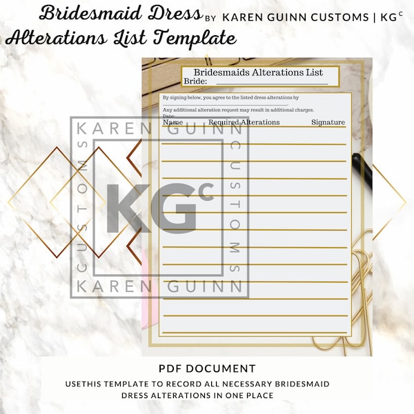 Dress Alterations List Template for Bridesmaids