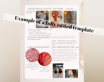 May include: A prom dress quote template with inspiration photos and material options. The template includes a price range, key details, and material options like glitter mesh and beaded mesh. The text "Example of a fully edited template" is displayed.