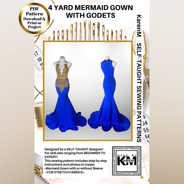 4 Yard Meerjungfrau Kleid mit Godets Schnittmuster PDF - Instant Download - KarenM Schnittmuster