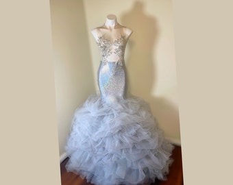 Silver Mermaid Prom Gown with Rhinestone Appliques and Tulle Bottom