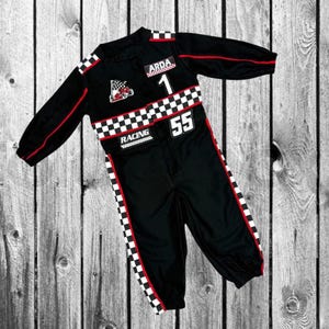 Personalized Baby Racing Romper – Black Racer Shorts/Long Jumpsuit – Race Car Birthday Outfit – Kids Halloween Costume – Toddler Racing Suit