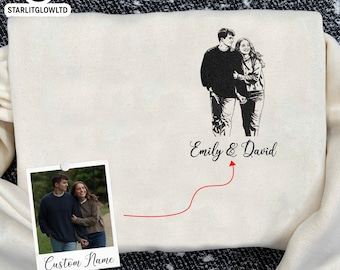 Personalized Couple Embroidered T-Shirt, Custom Photo Engagement Embroidered 310 GSM Sweater, Couple Matched Hoodie, Couple Gift Embroidered