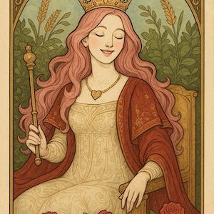 Carta del Tarot Emperatriz Vintage PNG. Amor romántico, alegre, elegante, dama de cabello rosa. Descarga digital imprimible.
