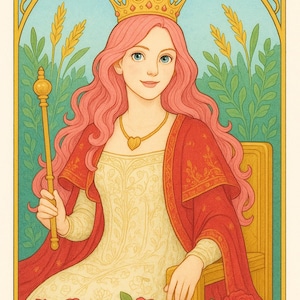 Kaiserin Tarot PNG. Wunderschöne rosa Dame. Starke glückliche Liebe romantische Kaiserin Karte. Digitale Tarot-Karte zum Ausdrucken.