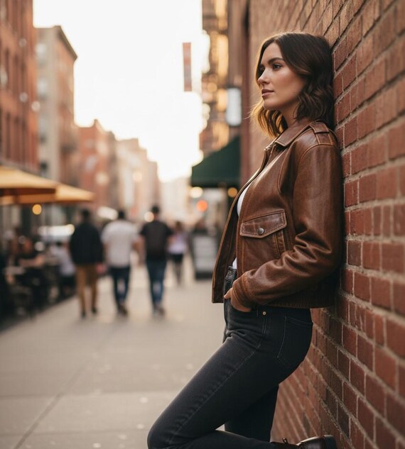 Vintage Brown Leather Jacket Women – Retro 90s Distressed Biker
