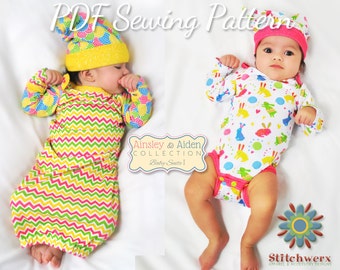 Baby Bodysuit, Bodysuit Pattern, Sew Baby Gown, Baby Tee Pattern , Sew Baby Clothes, Layette Patterns,  PDF Sewing Pattern, Preemie-12M