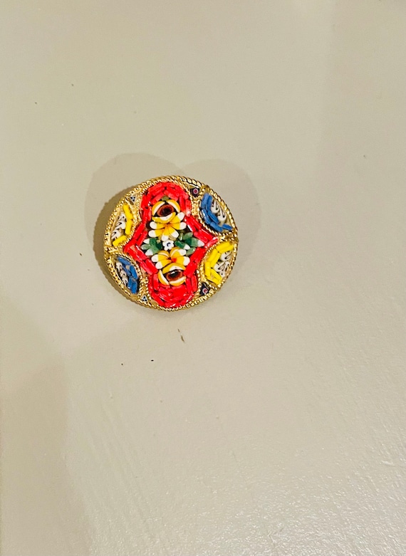 Broche Vintage Guitare En Micro Mosaïque Millefiori - Italie, Laiton Et Perles De Verre