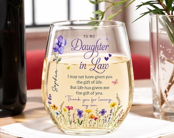 Personalized Birth Month Flower Daughter in Law Wine Glass, Custom Floral Law Daughter Wine Glass, Wedding Gift for Daughter in Law,