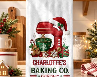 Personalized Christmas Bakery Kitchen Towel, Custom Baking Co Towel, Christmas Baking Gift, Pink Mixer Tea Towel, Holiday Kitchen Decor