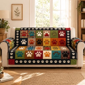 Colorful Dog Paw Print Quilt Sofa Cover, Custom  Pet Lover Slipcover, Colorful Faux Patchwork Dog Mom Gift