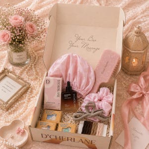 May include: A pink gift box filled with beauty products, including a shower cap, hair oil, hairbrush, scrunchie, and soap. The box is decorated with the text "Your Box Your Message" and "D'CHERLANE".