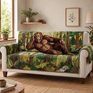 Bigfoot Lying Art Quilt Sofa Cover, Sasquatch Forest Couch Protector, Woodland Patchwork Furniture Throw, Cryptid Lover Home Decor