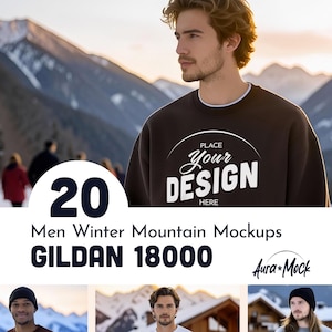 May include: A dark brown sweatshirt with the text "PLACE Your DESIGN HERE" in white. The image also includes the text "20 Men Winter Mountain Mockups" and "GILDAN 18000". The background features a mountain range.