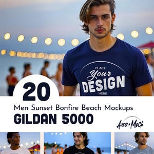 Op de afbeelding: Een marineblauw t-shirt met korte mouwen en een witte cirkelvormige afbeelding met de tekst PLACE YOUR DESIGN HERE. Het shirt wordt getoond als een digitaal mockup met meerdere beelden van personen op een strand.