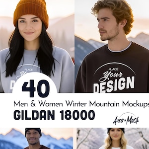 May include: Image featuring two people wearing sweatshirts and beanies. The text "40 Men & Women Winter Mountain Mockups" is displayed. The brand name "GILDAN 18000" is also visible, along with the "Aura Mock" logo.
