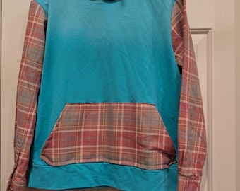 Reworked upcycle sweatshirt and flannel, teal peach size medium