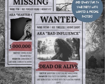 Wanted & Missing Person Poster Set: Halloween, Detective, Western Party Decor (Canva Editable, Digital Download)