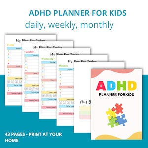 Puede incluir: Un conjunto de planificadores ADHD coloridos para niños, con páginas de planificación diarias, semanales y mensuales. La portada muestra el texto "ADHD PLANNER FOR KIDS" y un gráfico de rompecabezas. El planificador incluye páginas para cada día de la semana.