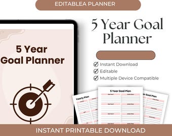 Planificador de objetivos a 5 años imprimible / Planificador de visión a largo plazo / Plantilla para establecer objetivos / Planificador de productividad y éxito / Descarga digital