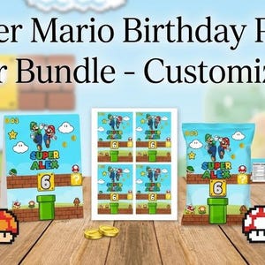 May include: A Super Mario-themed birthday party favor bundle. The image shows various items, including treat bags, water bottle labels, and a party hat, all featuring Mario and Luigi. The text "Super Alex 6" is visible on some items.