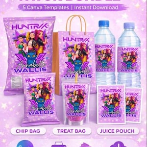 Może przedstawiać: Fioletowy zestaw upominków na przyjęcie urodzinowe z napisem "EDITABLE BIRTHDAY PARTY FAVOR BUNDLE". Zestaw zawiera torebki na chipsy, torebki na słodycze, saszetki na sok, butelki wody i torbę na prezenty. Projekt przedstawia grupę dziewczyn i napis "Annabelle Wallis".