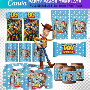 May include: A party favor template featuring a Woody action figure and various themed items. Includes candy bags, containers, and boxes with the "Toy Story" logo and character graphics. The template is designed for 8.5x11 inch print pages.