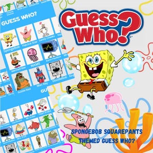 May include: A SpongeBob SquarePants themed "Guess Who?" board game. The game features a blue and white game board with character images, and the title "Guess Who?" in red and white. SpongeBob and Patrick Star are also featured.