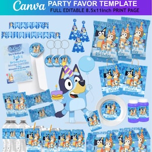 Puede incluir: Un conjunto de suministros para fiestas con el tema de Bluey, que incluye invitaciones, gorros de fiesta, bolsas de regalo, etiquetas para botellas de agua y más. El diseño presenta al personaje de dibujos animados Bluey en un tema festivo de cumpleaños.