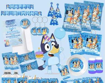 Plantilla para recuerdos de fiesta de cumpleaños inspirada en el perro Blue Heeler – Kit editable de Canva (Descarga digital)