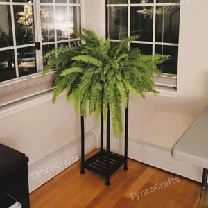 May include: A lush, green fern plant in a black metal plant stand. The fern has long, cascading fronds, and the stand is square with a slatted base and four legs. The plant is positioned near a window, adding a touch of nature to the interior.