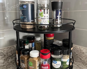 2-Tier Metal & Wood Rotating Spice Rack, Multi Use Organizer, Kitchen Storage Rack, Countertop Rack, Vanity Organizer, Spice Organizer