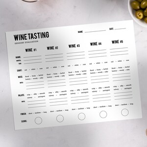 以下が含まれることがあります： 名前、日付、ワインの詳細を記入するスペースがある、白いワインテイスティングの感覚評価シート。シートはワイン、オリーブ、ブドウ、その他のテイスティングの付属品に囲まれています。テキスト「WINE TASTING」が上部にあります。