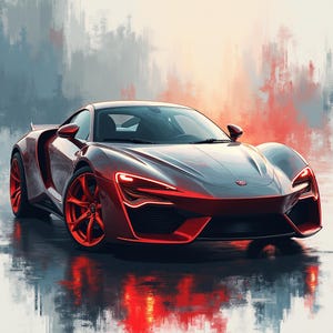 May include: A sleek, red sports car with a low profile and aerodynamic design. The car features red rims, headlights, and accents, contrasting with the gray body. The image has a reflective surface, suggesting a wet environment.