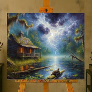 27-007 | Stormy Swamp Print: Turtle in the Storm – Louisiana Bayou Thunderstorms oil painting print (Digital Download)

Capture the haunting beauty of a Louisiana swamp in this high-resolution digital print, “Turtle in the Storm.” A rustic cabin glows warmly against a backdrop of lightning-split skies, moss-draped trees, and tranquil waters. In the foreground, a turtle rests on a mossy log surrounded by lily pads, embodying resilience and calm amid nature’s fury.