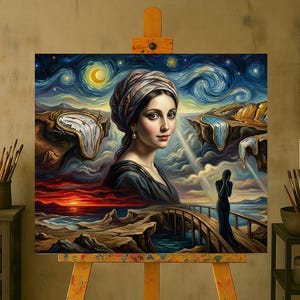 32-006 | Surreal Wall Art Print | Van Gogh Starry Night Style | Dali Melting Clocks Painting | Girl with Pearl Earring Fusion (Digital Download)

Transform your space with this Surreal Wall Art Print, a stunning fusion of Van Gogh’s swirling Starry Night sky, Salvador Dalí’s melting clocks, and the timeless elegance of the Girl with a Pearl Earring.