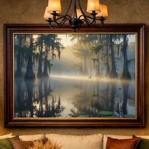 27-006 | Bayou Sunrise Print: Louisiana Bayou Art, Misty Swamp Cypress Trees (Digital Download)

A tranquil Louisiana swamp awakens beneath a golden sunrise, where cypress trees draped in Spanish moss stand like ancient sentinels over still waters. Mist curls gently above the surface, softening reflections and lending a dreamlike hush to the scene.