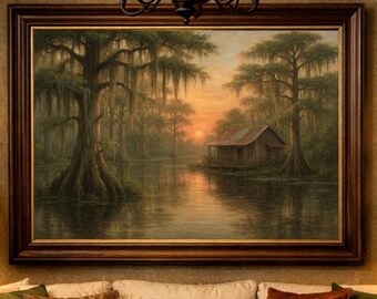 Impressão Bayou Sunset: Arte do Pântano da Louisiana, Cabana Rústica de Cipreste (Download Digital)