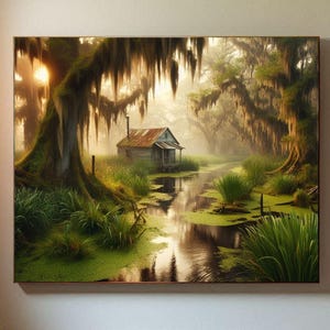Louisiana Bayou Art Print - rustieke hut in Misty Swamp | Gedrukte muurkunst afbeelding 1