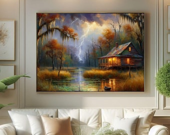 Stormy Louisiana Swamp Print: Cajun Landscape Art, Oil painting print (Digital Download)