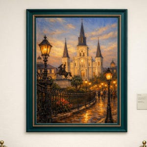 9-0286 | New Orleans Jackson Square Art, St. Louis Cathedral Painting, French Quarter Oil Print, (Digital Download)

Bring the soul of New Orleans into your home with this richly blended oil‑style painting of St. Louis Cathedral at Jackson Square, the most iconic landmark in the French Quarter.