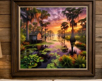 Poster | Louisiana Bayou Sunset Print: Sumpfkunst, Landschaft des Südens