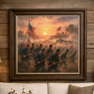 May include: A framed painting depicting a historical battle scene with soldiers and flags under a sunset sky. The artwork is displayed above a white sofa with brown pillows, a wooden coffee table, and a lamp.