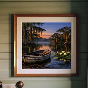 27-036 | Whispers of the Bayou | Louisiana bayou print, Southern Twilight Landscape Art (Digital Download)

A quiet hush settles over the Louisiana bayou as twilight drifts across still water. Mist rises between ancient cypress trees draped in long strands of Spanish moss, their reflections stretching across the glassy surface.