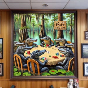 9-0178 | Printable Louisiana Art | Louisiana Swamp Art | Original Art Print | Gator Poker - Louisiana Alligators playing poker in a swamp.

The image depicts a whimsical scene of seven alligators gathered around a poker table in the middle of a swamp. The alligators are anthropomorphized, sitting on wooden chairs with their front legs resting on the table, holding poker chips and cards.